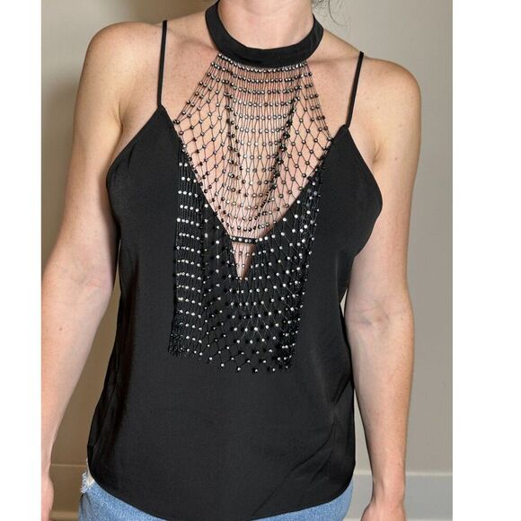 Y2K Express Black Halter Top with Rhinestones Size Medium - Picture 2 of 5